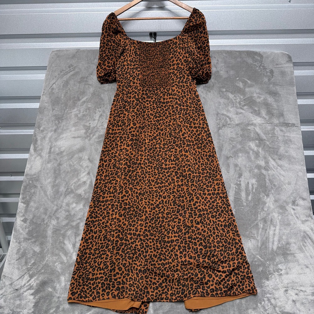 Good American Leopard Print Midi Dress Womens 3 Large Brown Button Front Smocked - Picture 2 of 12